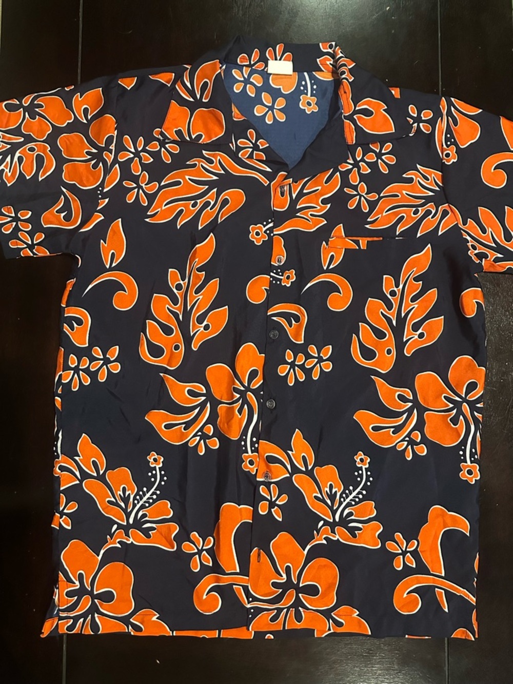Men's Navy Short-Sleeve Button-Up Shirt with Orange Floral Print